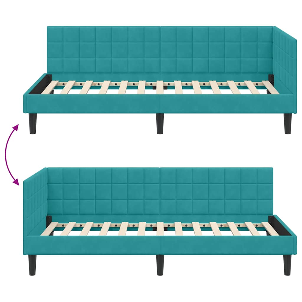 Corner Bed Frame with Headboard Turquoise 90 x 190 cm Velvet