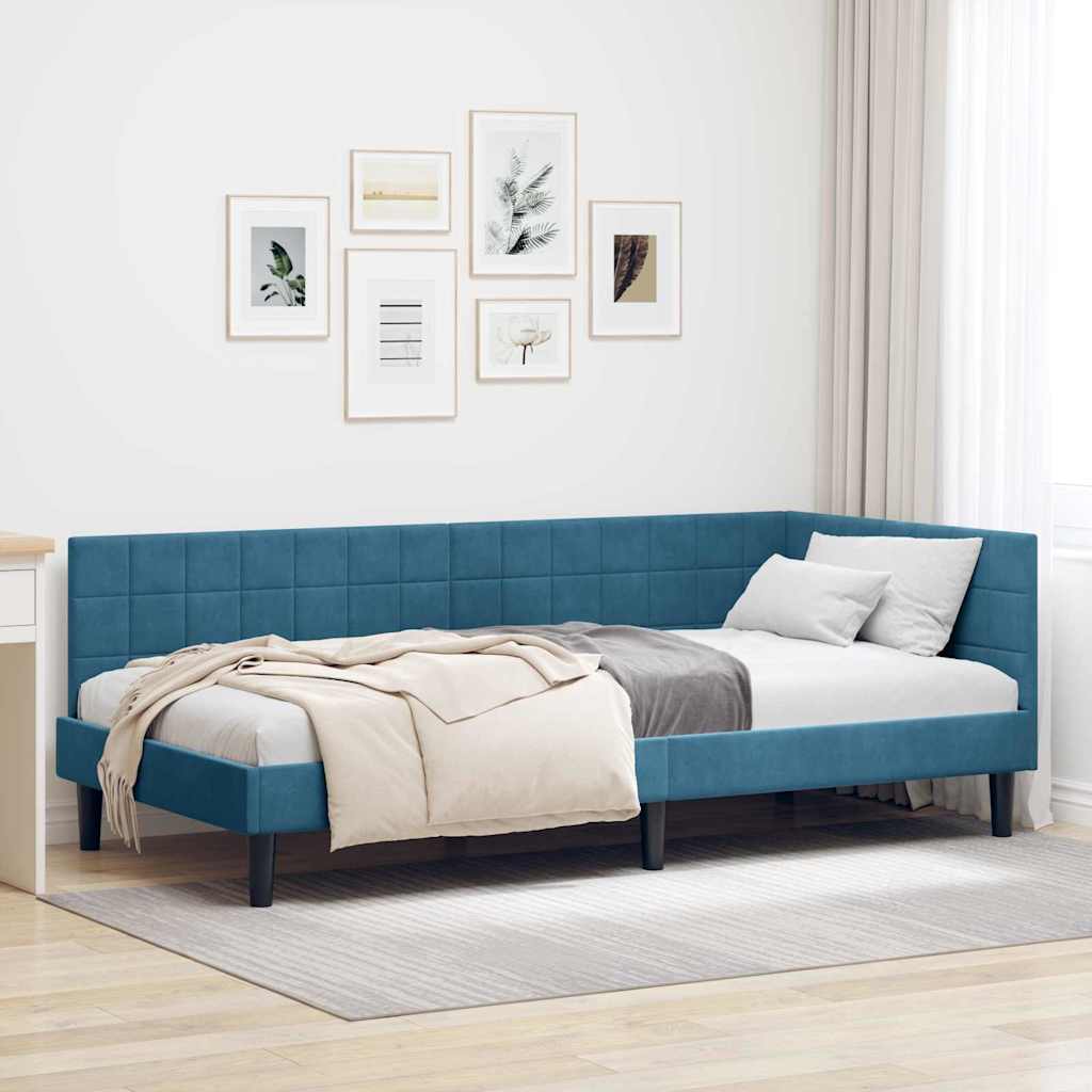 Corner Bed Frame with Headboard Blue 90 x 200 cm Velvet