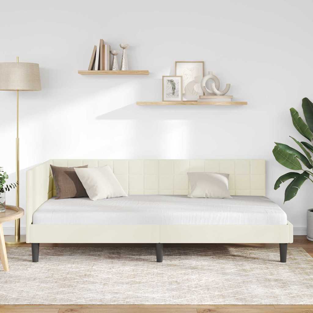 Corner Bed Frame with Headboard Cream 90 x 200 cm Velvet