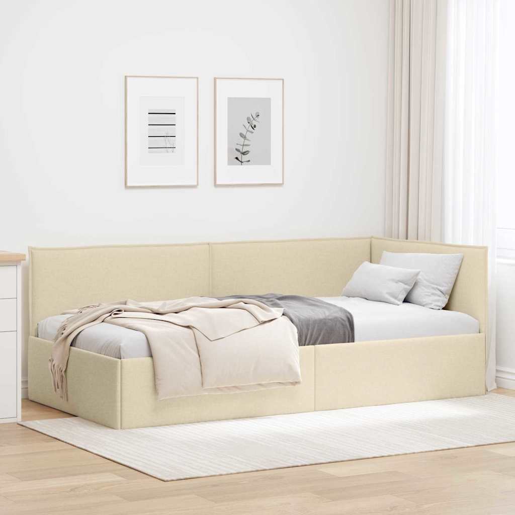 Corner Bed Frame with Headboard Cream 90 x 200 cm Fabric