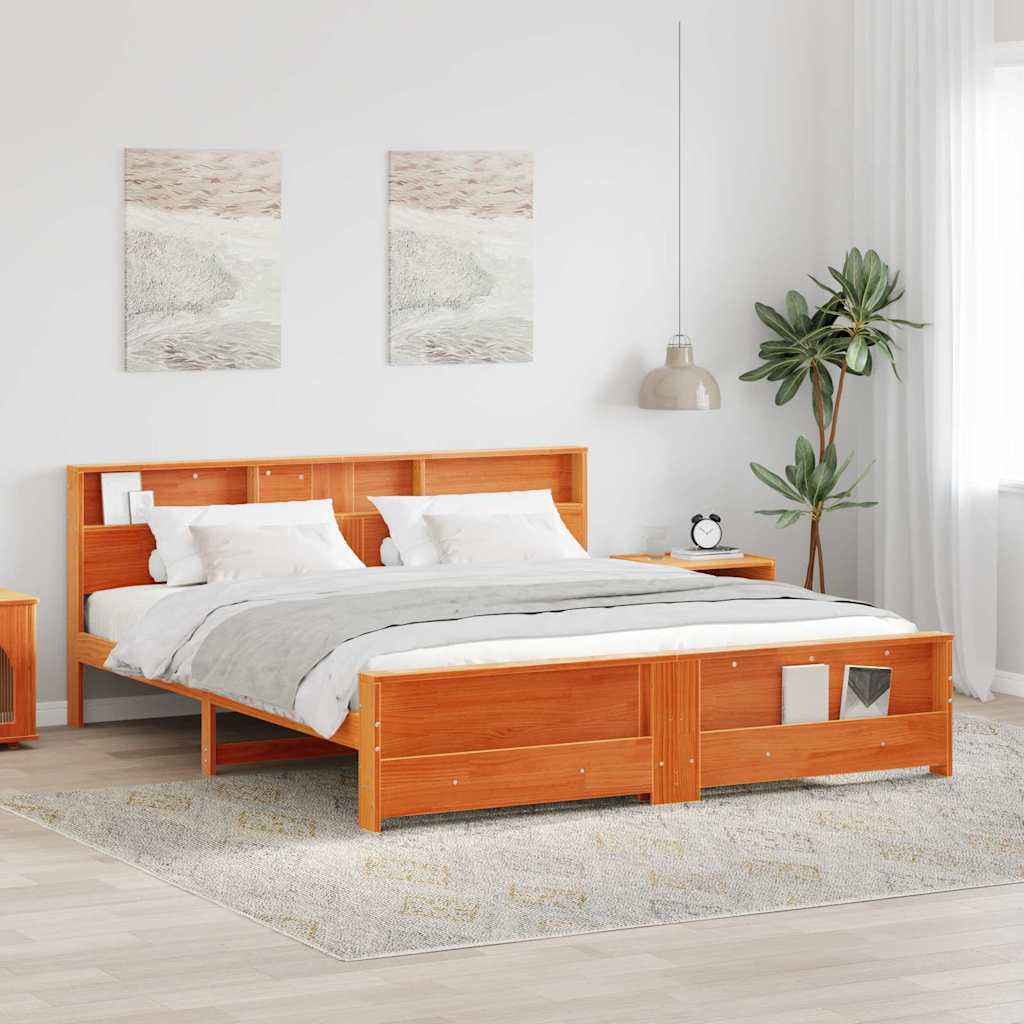 Bed Frame with Headboard Wax brown 200 x 200 cm Solid pine wood