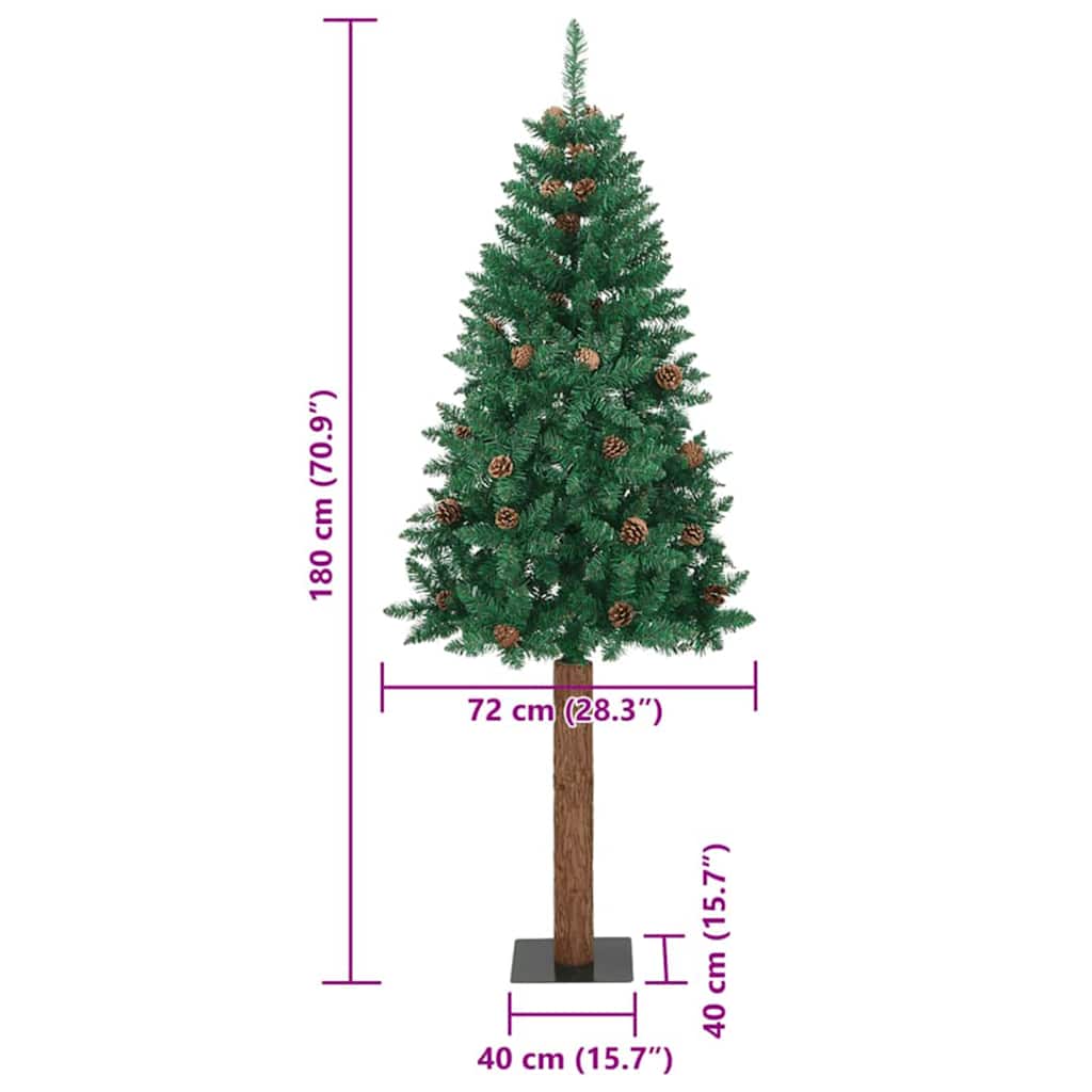 Slim Christmas Tree Green 180 cm PVC and Solid Pine wood