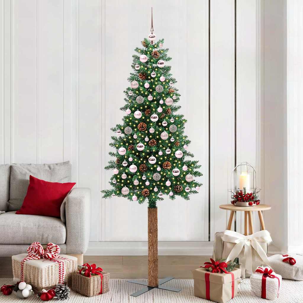Slim Christmas Tree Green 210 cm PVC and Solid Pine wood