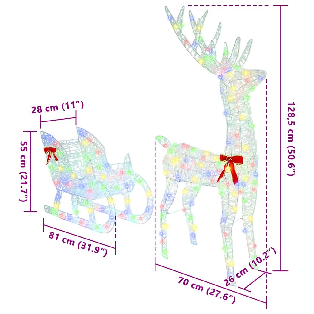 Reindeer Pull Sleigh Colourful 70 x 26 x 128.5 cm Acrylic