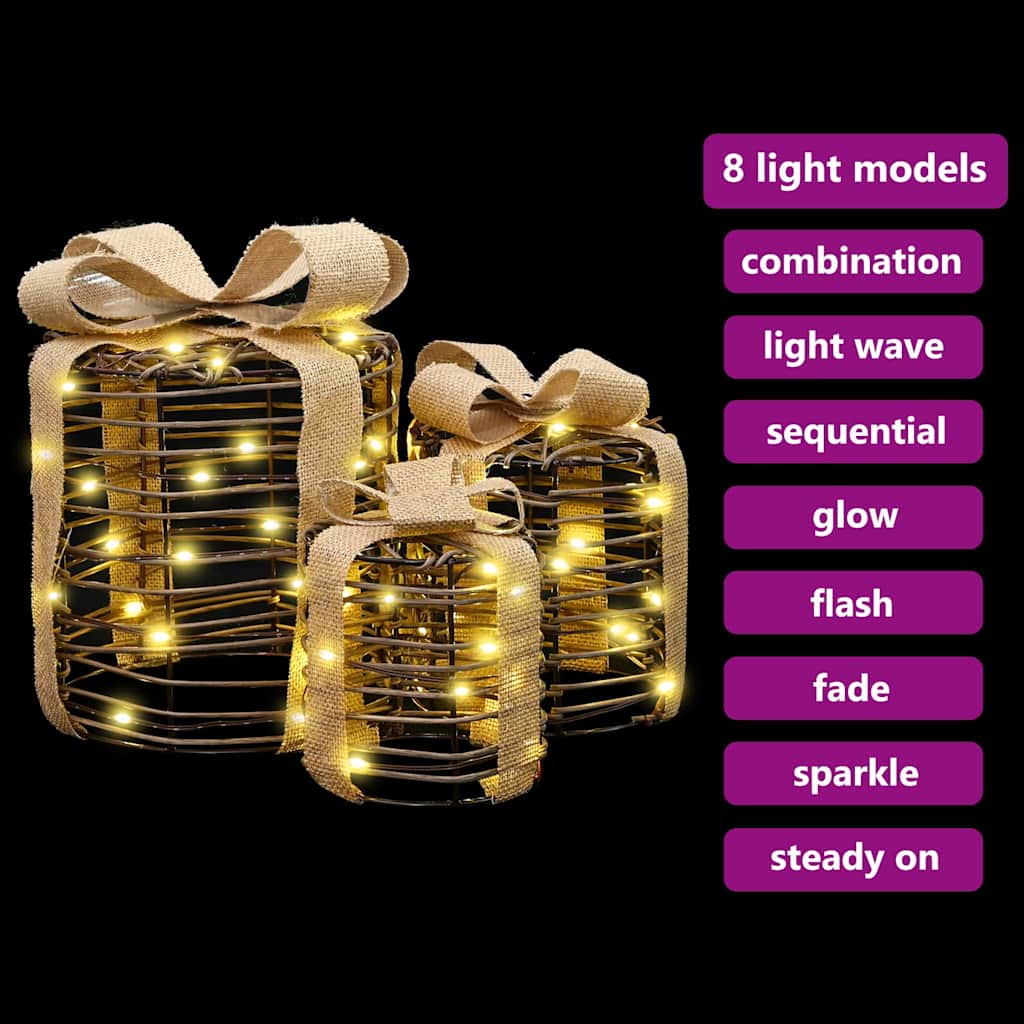 Gift Box Decoration 3 pcs Warm white 20 x 20 x 20 cm Rattan