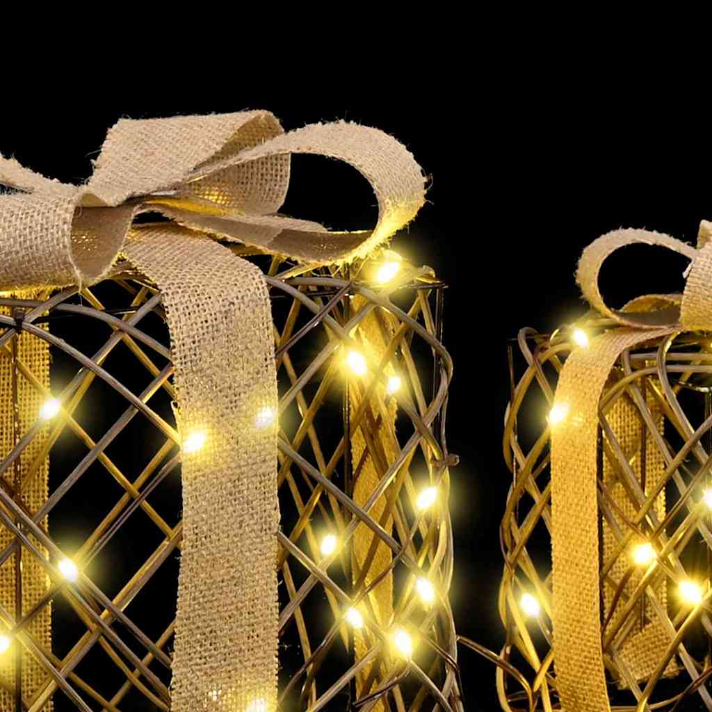 Gift Box with 60 LEDs 3 pcs Warm white 20 x 20 x 20 cm Rattan
