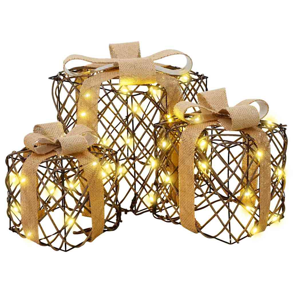 Gift Box with 60 LEDs 3 pcs Warm white 20 x 20 x 20 cm Rattan