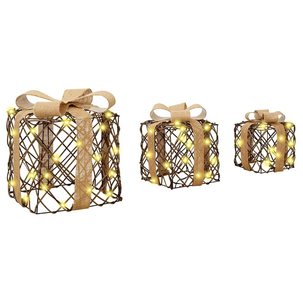 Gift Box with 60 LEDs 3 pcs Warm white 20 x 20 x 20 cm Rattan
