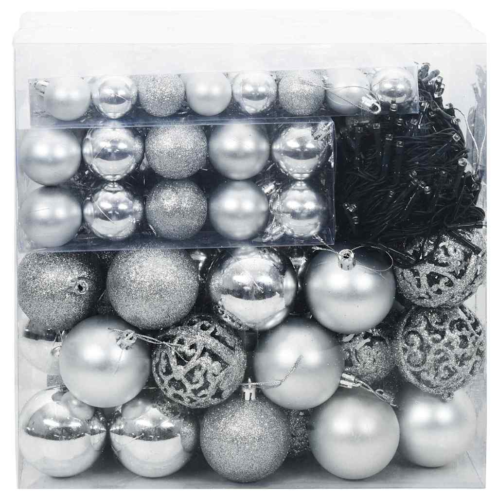 Christmas Bauble Set with 300 LEDs 120 pcs Silver Plastic